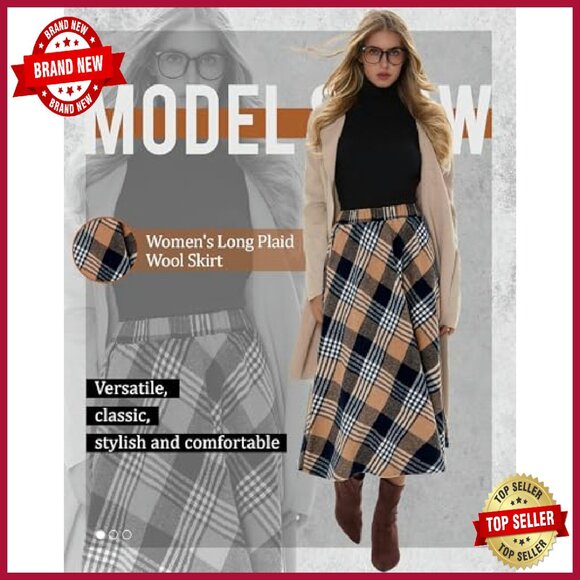 Women's Long Plaid Wool Skirt High Waisted A-Line Pleated with Pockets - Picture 4 of 8